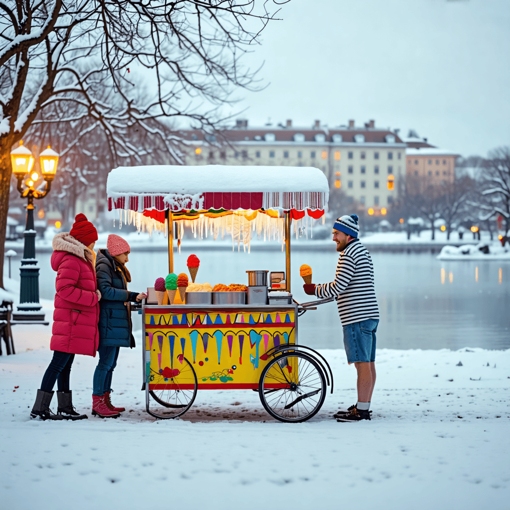 Cheerful ice cream vendor in a striped t-shirt and shorts standing next to a colorful ice cream cart in a snow-covered park, serving ice cream to customers in winter coats, icicles hanging from the cart's awning, frozen lake in background, (whimsical fashion scene)